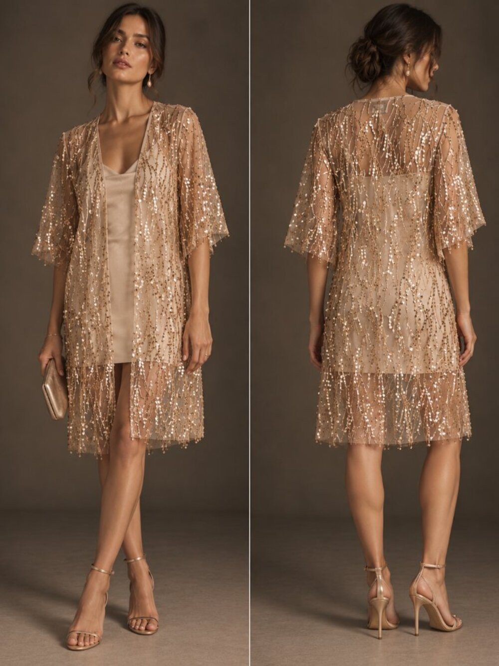 Hayden LA Gold Sequin Kimono Sheer Mesh Duster Cardigan Jacket Tunic Small S